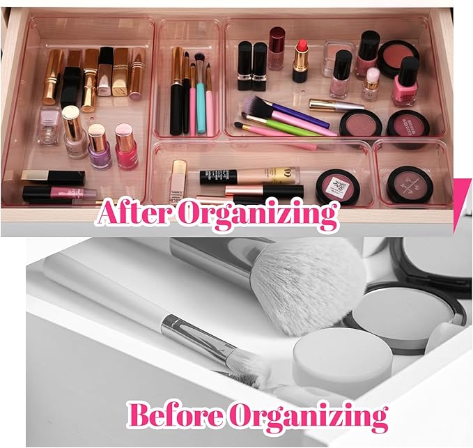 25pcs Pink Plastic Drawer Organizer Set, Clear Stackable Drawer Organizer,Kitchen Drawers Dividers for Bathroom, Office, Kitchen Cabinets and Dressing Tables