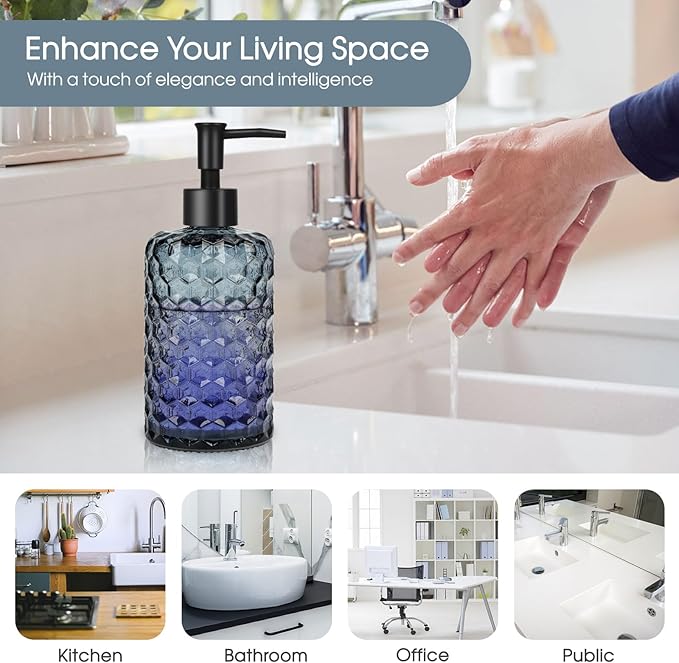 Topsky 2 Pack Glass Soap Dispenser with Plastic Pump, 475ml Liquid Hand Soap Dispenser, Rustproof Pump for Kitchen & Bathroom, Great for Lotions, Essential Oil, Liquid Soaps-Grayish Blue
