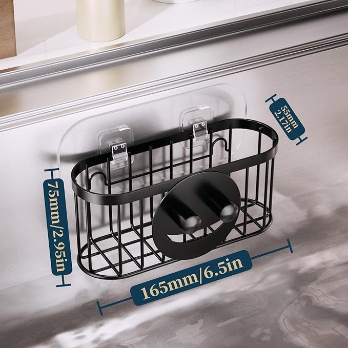 Consumest Sponge Holder Smiley Face - Kitchen Sink Caddy, Sink Organizer with Removable Suction Cups & Adhesive Strips, Suit for Sponge, Soap, Black