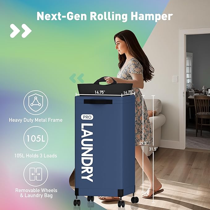Caroeas Next-Gen 105L Matel Frame Laundry Basket with wheels, Heavy Duty Tall Rolling Laundry Hamper with Removable Wash Bag, Collapsible Freestanding Clothes Hamper (105L,Navy Blue,2Pack)