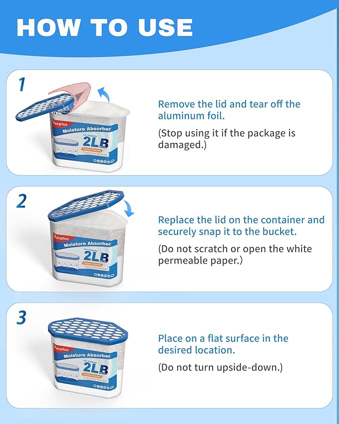 Vacplus Moisture Absorber Buckets – Large Capacity Dehumidifier and Humidity Absorber for Closet, Basement, Bathroom, RV, and Storage Areas, Unscented, 2 lbs, 6 Pack
