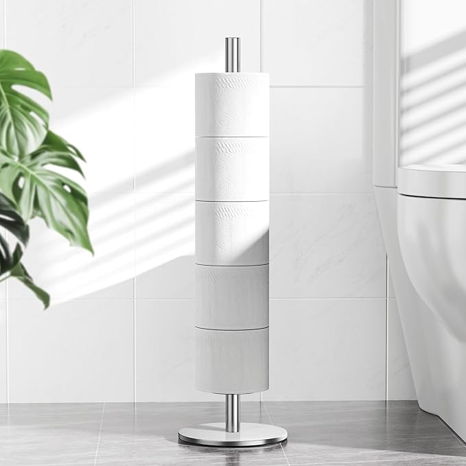 Brushed Nickel Toilet Paper Holder Stand for Spare Rolls Storage, Stainless Steel Freestanding Toilet Paper Holder with Shelf Hold 5 Paper Rolls