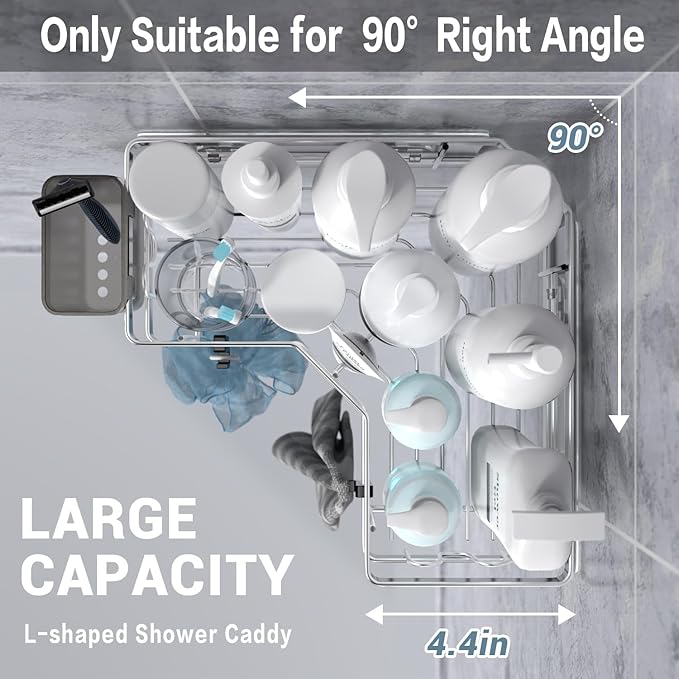 Corner Shower Caddy Shelf Rack: 2 Pack Adhesive Shower Organizer Essentials - No Drilling Stainless Steel Bathroom Storage Rack with Hooks and Toothpaste Holder