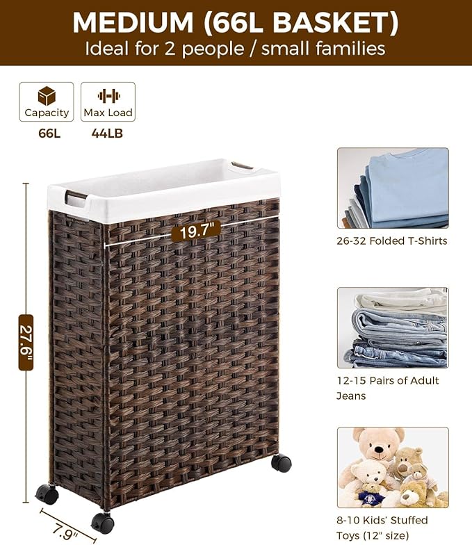 Greenstell Laundry Hamper with Wheels, 17.4 Gallon (66L) Slim Laundry Basket with 2 Removable Liner Bags & 2 Mesh Bags, Narrow Rattan Clothes Hamper for Bedroom, Laundry Room, Bathroom, Brown