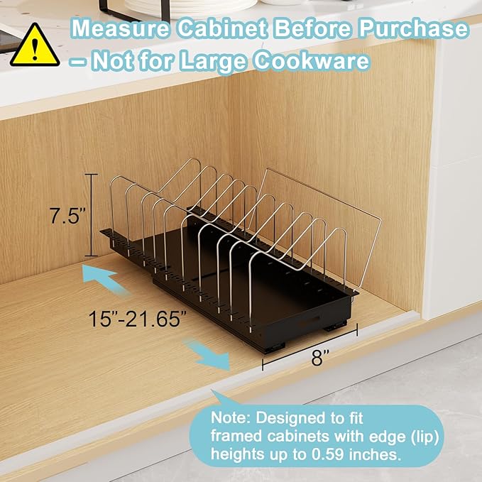 Golener Pots and Pans Organizer Under Cabinet - 22" Deep Expandable Pot Organizers inside Cabinet with 10 Adjustable Dividers &Handrail, No Drill Pot Lid Holder, Sliding Pot Lid Holder, 1 Pack