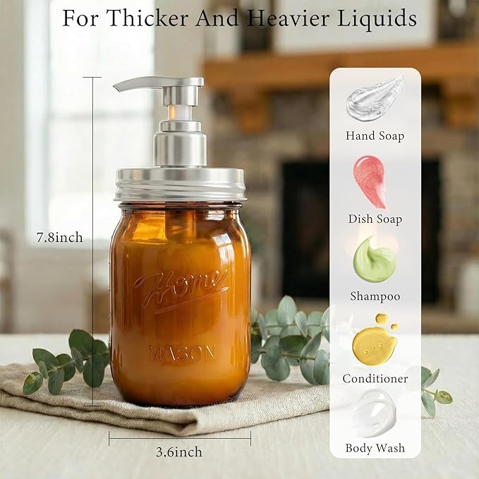 Amolliar Plastic Mason Jar Soap Dispenser with Pump Lid,16OZ Refillable Hand Soap Dispenser Set with Cute Lables - Farmhouse Decor for Kitchen Bathroom, Liquid Soap, Dish Soap, Lotion (2 Pack, Amber)