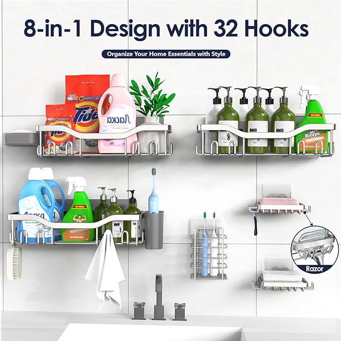 Shower Caddy Adhesive Shower Organizer 8-Pack, Rustproof Stainless Steel Bathroom Shelves, Large Capacity No-Drill Rack Storage Accessories with Soap Dish Toothbrush Holder Hooks
