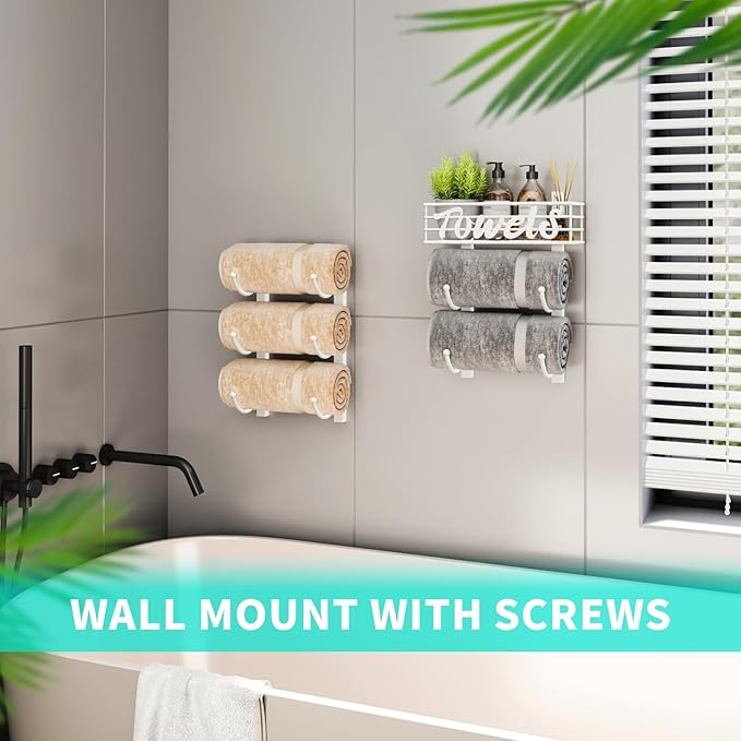 HapiRm Towel Racks for Bathroom Storage - 6 Tier Over The Door & Wall Mount Rolled Towel Storage Organizer Holder with Metal Shelf Basket for Small Bathroom, Camper, Rv - White, Patented