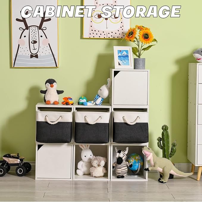 Storage Bins 3 Pack, Fabric Storage Basket for Collapsible Medium Canvas Storage Baskets for Organizing Shelf Nursery Home Closet with Cotton Rope Handle 15(L) x 11(W) x 9.5(H) inch(White&Black-3PCS)