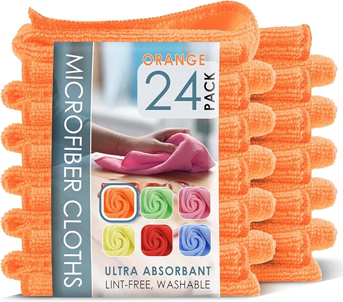 Hearth & Harbor Microfiber Cleaning Cloth, Microfiber Towels for Car 24 Pack Washcloths, Orange Cleaning Rag, Reusable Microfiber Towel, Microfiber Cloth Rag Cleaning, Lint Free Cloth 12/inchx12/inch
