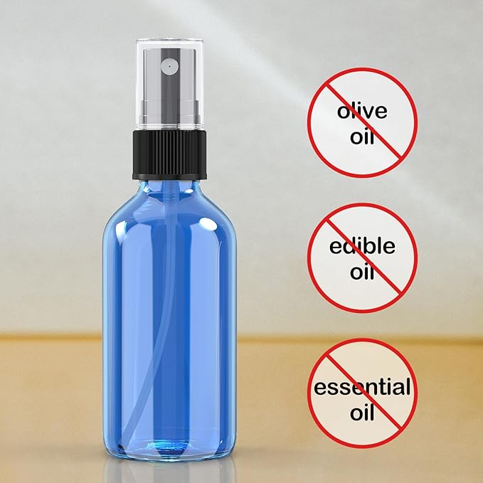 Wedama 2 oz Mini Glass Spray Bottles, Empty Small Spray Bottles with Funnel Dropper, Fine Mist for Hair, Travel, Plants, Cleaning Solutions and Skin Care (4 Pack Sky Blue)
