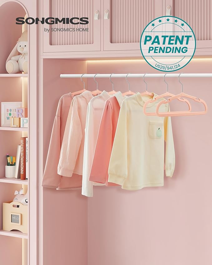 SONGMICS Baby Hangers 50 Pack, 11 x 6.9 Inches, Non-Slip Velvet Kids Hangers for Closet, Space-Saving, Wide Shoulder Notches, Coral Pink UCRF037R01