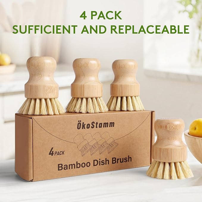 4 Pack Bamboo Dish Brush, Dish Scrubber Brush with Sisal Bristle, Natural Scrub Brush for Kitchen Cleaning Dishes, Pots, Pans, Bottles, Vegetables