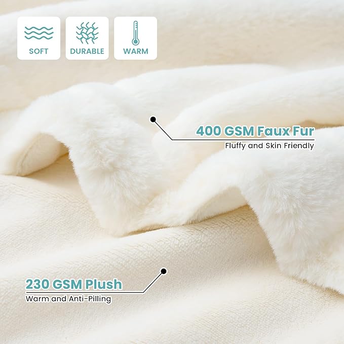 Luxury Faux Fur Throw Blanket for Couch, Ultra Soft Waterproof Pet Blanket, Cozy Warm Plush Blanket for Sofa Bedroom Living Room, Liquid Pee Proof for Large Dog or Cat, 50x60 inch, Cream
