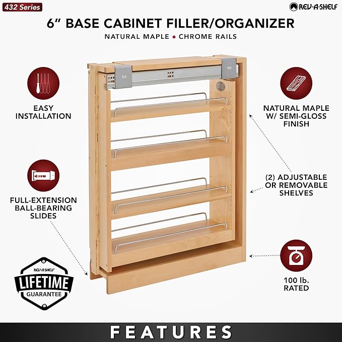 Rev-A-Shelf Pullout Shelf Organizer for Base Kitchen or Bathroom Cabinets, Wood Filler Pantry Storage or Spice Rack, Maple, 6" x 23" x 30", 432-BF-6C