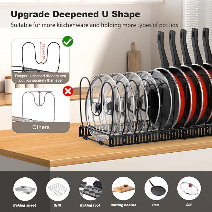 Housolution 2 Pack Pot and Pan Organizer Rack, 12"-23" Expandable Pot Lid Organizer with 14 Adjustable Dividers, Pan Holder Storage Rack for Kitchen Cabinet, Black