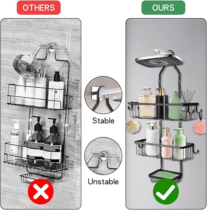 Shower Caddy Hanging Over Shower Head, Height Adjustable No Drilling Bathroom Hanging Shelf Organizer, Rustproof Shower Caddy Over with Hooks Shampoo Soap Holder for Inside Shower