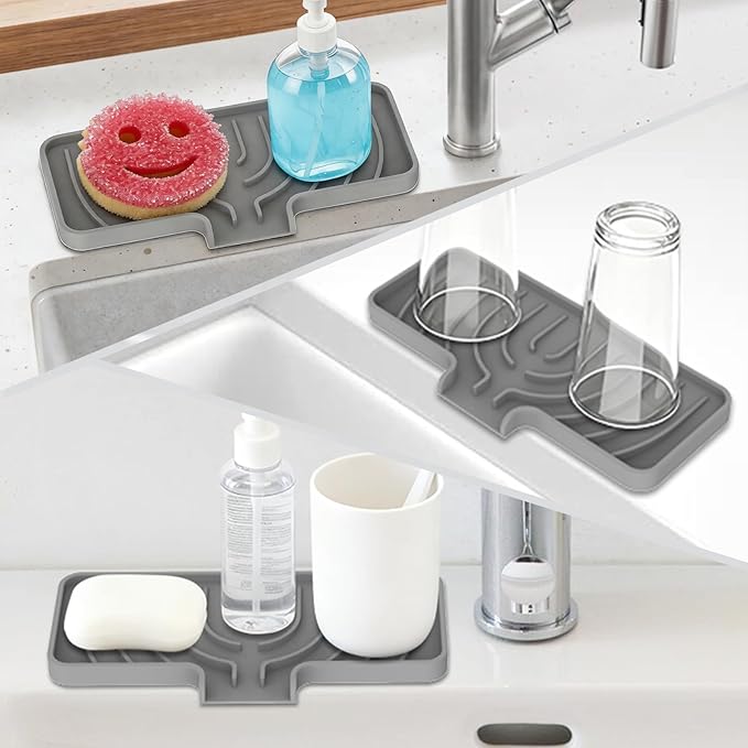 GUUKIN Sponge Holder for Kitchen Sink , 9.8"×4.9" Silicone Dish Drying Mat, Scrub Daddy Holder, Kitchen Sink Accessories, Suitable for Kitchens & Bathrooms (Grey)