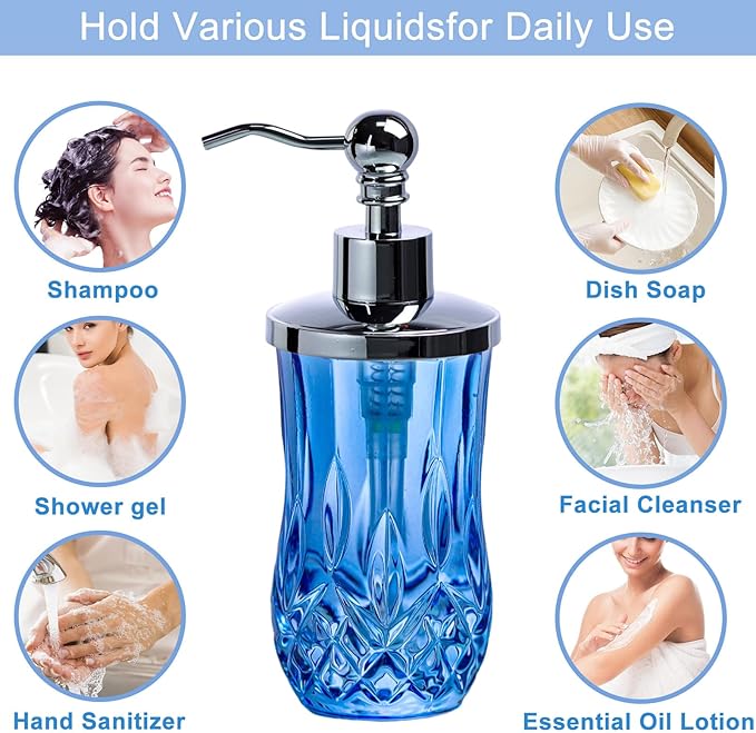 9Oz Blue Glass Soap Dispenser with Silver Pump,Lead-Free Thick-Cut Glass,Countertop Soap Dispensers for Bathroom & Kitchen,Round