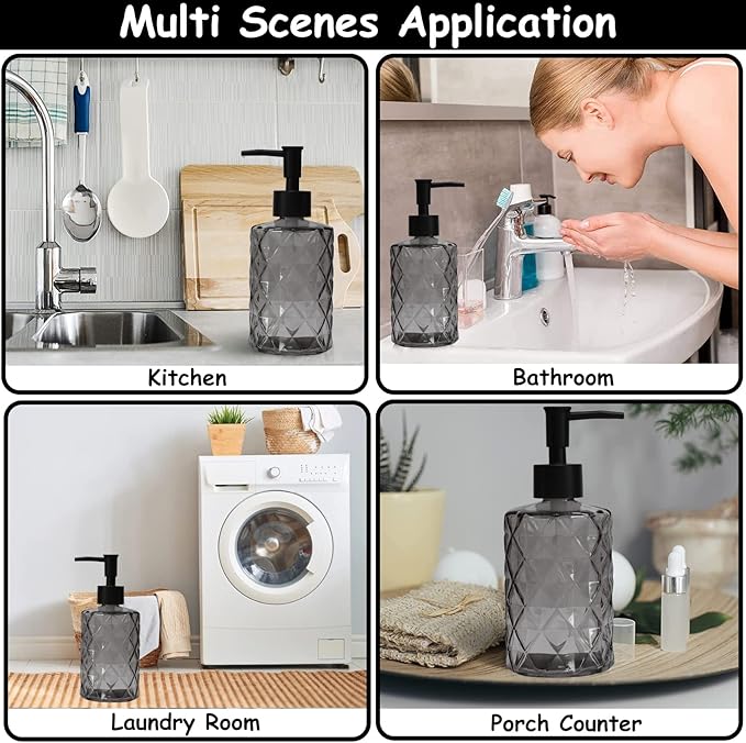 Glass Soap Dispenser with Black Plastic Pump, 12oz Refillable Liquid Hand Soap Dispenser, 2 Pack Crystal Lotion Bottle for Modern Home Decor, Bathroom, Kitchen Countertop, Hotel