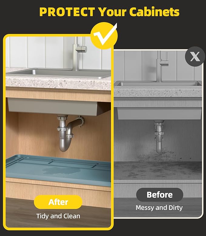 Wohbay Under Sink Mats for Kitchen Waterproof, 34" X 22" Or Smaller Cut to Fit Under Sink Drip Tray for Kitchen Bathroom Cabinets, Silicone Sink Liner Hold Up to 3.3 Gallons Liquid - Teal