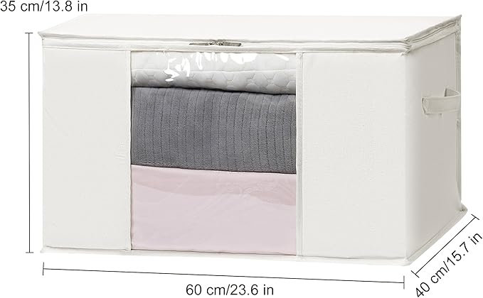 TYEERS Large Storage Bags with Zipper and Clear Window, Cotton Blended Fabric Storage Containers for Seasonal Clothes and Bedding, 23.6x15.7x13.8 Inches, 8-Pack, Beige