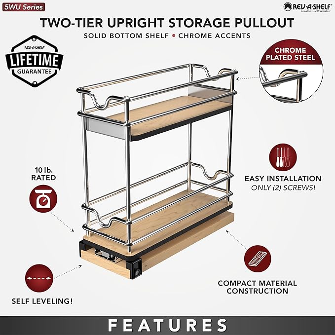 Rev-A-Shelf 5" Pullout Organizer for Cabinets, Two-Tier & Single-Wide Upright Sliding Storage for Kitchen Shelf, 5WU2-5W1-1