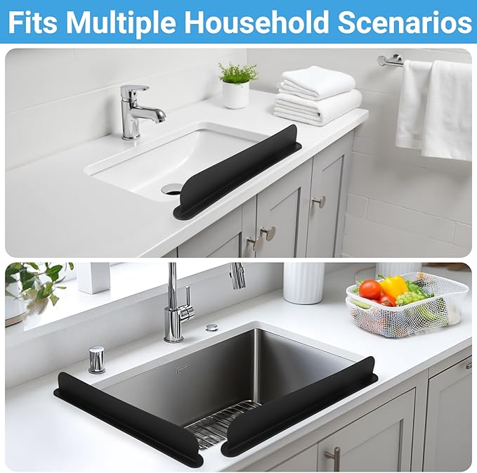 19.29 inch Sink Water Splash Guard, Silicone Sink Splash Guard, Backsplash Protector for Kitchen Countertop & Bathroom Bathtub with Non-Slip Strong Suction, Black