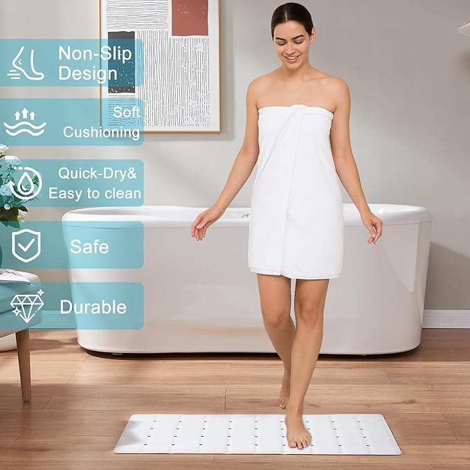 Webos Non-Slip Bath Mat for Tub & Shower：Silicone Foldable Bathtub Mat with Strong Suction Cups, Quick Drain Holes, Machine Washable Extra Large Bathroom Mats 35.8" x 17.7", White