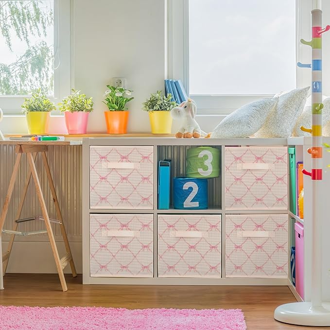 Geelin 6 Pcs Beige Bow Cube Storage Bins 13 Inch Storage Basket with Handle, Girls Organizer Basket, Collapsible Fabric Box for Classroom Bedrooms Office Home Decoration Gift