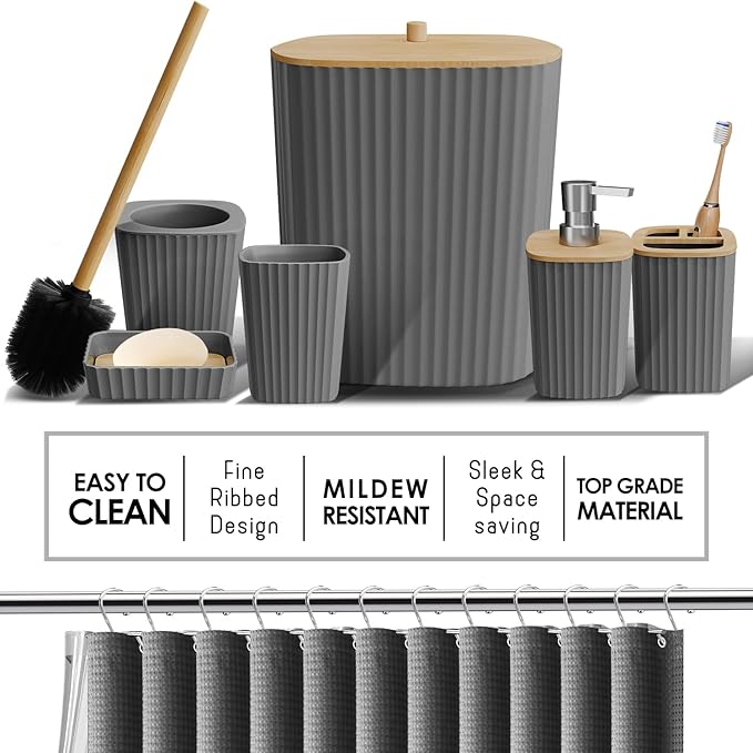 Clara Clark Bathroom Accessories Set - Bathroom Set, Bathroom Accessory Set, Shower Curtain Set, Toilet Brush, Trash Can & Soap Dispenser - Grey - 20PC