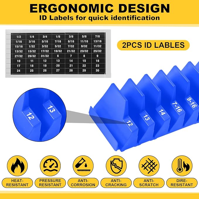 Chunful 100 pcs Modular Wrench Organizer Holder Wrench Tool Organizers Storage Racks Set with Metric & SAE Label for Tool Box Drawer Storage for Father Brother Professional Mechanics Men(Blue)