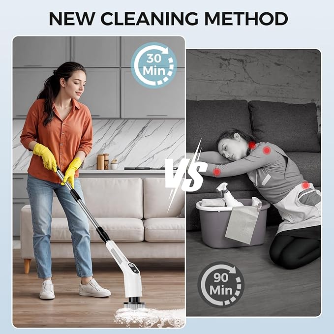 TBFWiCO Electric Spin Scrubber, Shower Cleaning Brush with 8 Replaceable Brush Heads, IPX7 Waterproof & 50KGF High-Torque Motor, Adjustable Long Handle, for Bathroom, Kitchen, Tile & Floor Cleaning