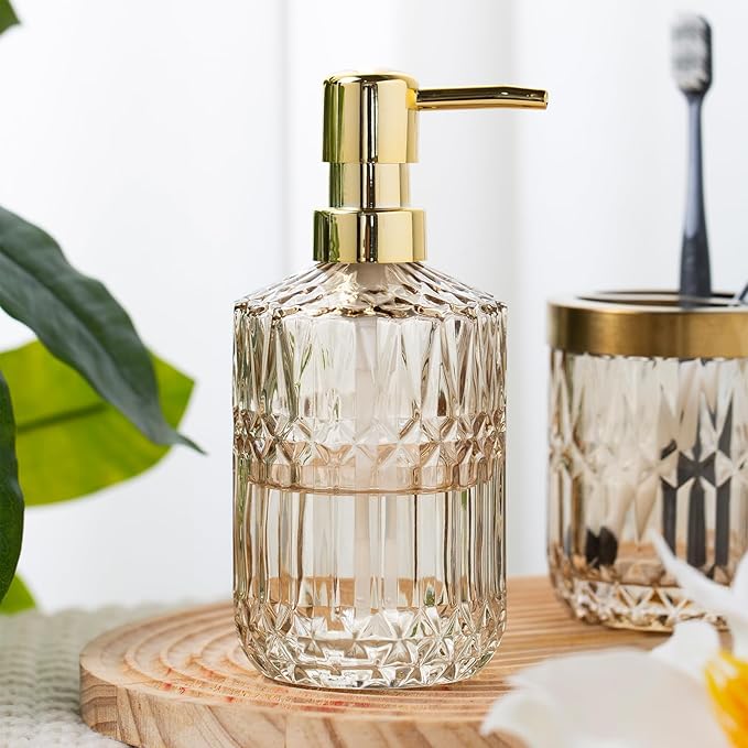 Glass Bathroom Accessories Set, 2PCS Clear Glass Bathroom Accessory, Toothbrush Holder and Soap Dispenser Set for Modern Bathroom Decor(Amber)