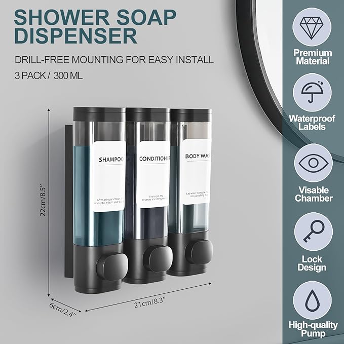 3 Pack Shampoo and Conditioner Dispenser, Shower Soap Dispenser 3 Chamber No Drill Wall-Mounted, Body Wash and Shower Dispenser Set for Shower Wall, Elegant Large Capacity for Bathroom Hotel, Black