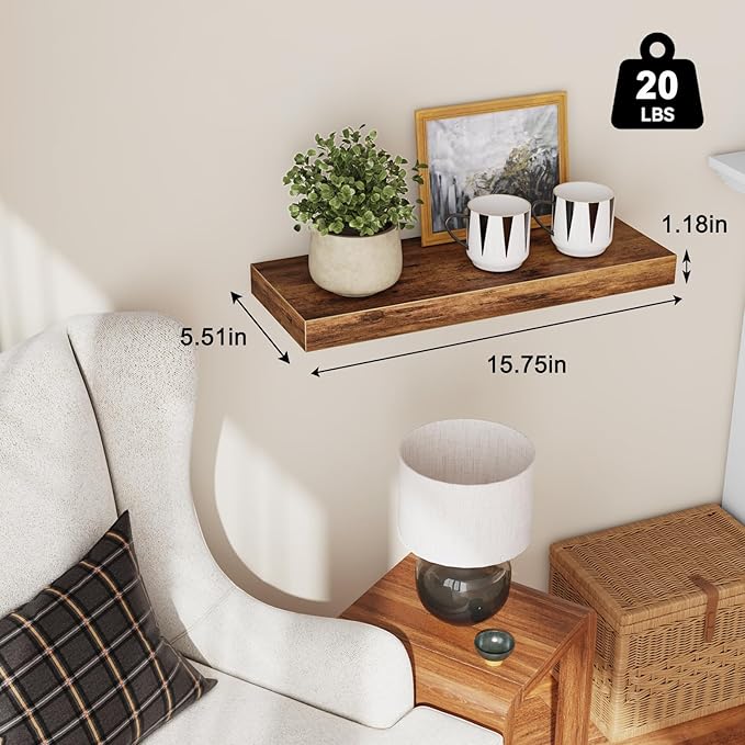Fixwal Floating Shelves for Wall, 15.7" Wood Wall Mounted Shelves for Living Room, Bedroom, Bathroom and Kitchen, for Storage, Books, Room Decor (Rustic Brown, Set of 2)