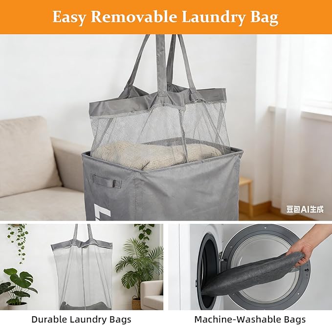 90L Laundry Basket with Wheels,Laundry Hamper with Removable Wash Bag, Rolling Clothes Hamper, Foldable Dirty Clothes Basket on wheels for Bedroom, Dorm, Laundry Room, Grey