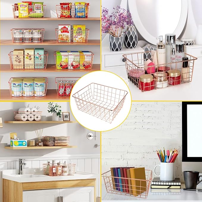4 Pack Wire Baskets for Pantry Metal Wire Freezer Organizer Bins with Handles, Metal Basket Rose Gold Wire Baskets for Storage Organizing Office, Kitchen Cabinets, Bathroom, Countertop