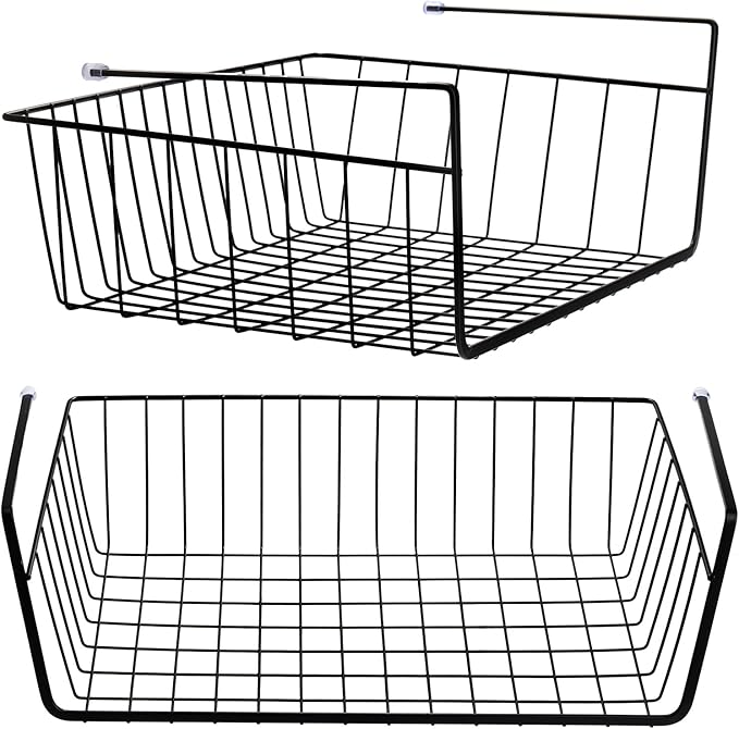 Tebery 2 Pack Black Under Shelf Wire Basket, Hanging Storage Baskets Under Cabinet Add-on Storage Racks, Slide-in Baskets Organizer for Kitchen Pantry Desk Bookshelf