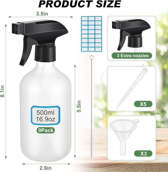 9 Pack 16oz/500ml Plastic Spray Bottle Bulk for Plant Small Spray Bottle Fine Mist Water Sprayer Upgraded Adjustable Nozzle Refillable Empty Containers for Cleaning, Hair, Cooking(Frosted)