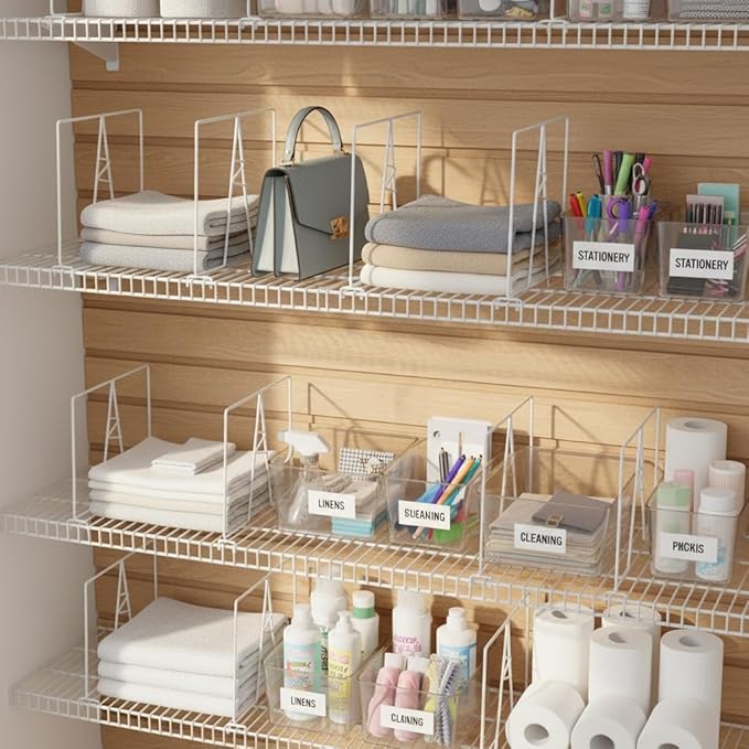 Wire Shelf Dividers - White Closet Organization & Storage Organizer - No Tool Shelf Divider for Wire Shelves - Metal Shelf Accessories – for 12“ Deep Wire Shelves – Tall 12” Height – 16 Pack