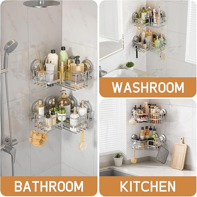 LEVERLOC Corner-adaptive Suction Cup Shower Caddies 2 Pack, Stainless Steel Rustproof Corner Shower Shelf, Large Capacity Removable Suction Cup Bathroom Organizer, Drill-Free Wall Mounted Basket, Gray