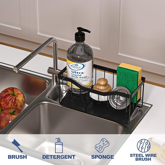 Vanwood Sponge Holder for Kitchen Sink with Auto Draining Tray, Sink Caddy Kitchen Sink Cocina Organizer, Self Drain Dish Soap Sponge Caddy for Counter | Kitchen Sink, Cocina Organizer, Self Drain, for Counter