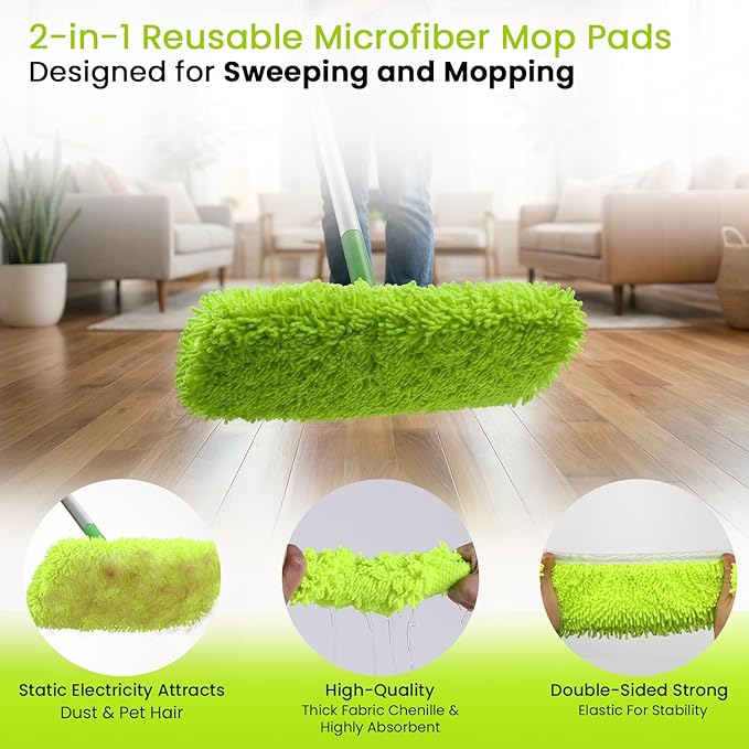 2-in-1 Reusable Microfiber Mop Pads Compatible with Swiffer Sweeper for Wet Mopping & Dry Sweeping, Two Types of Washable Heavy-Duty Mop Pad Refills for Multiple Floor Types Cleaning - 4Pcs, Green