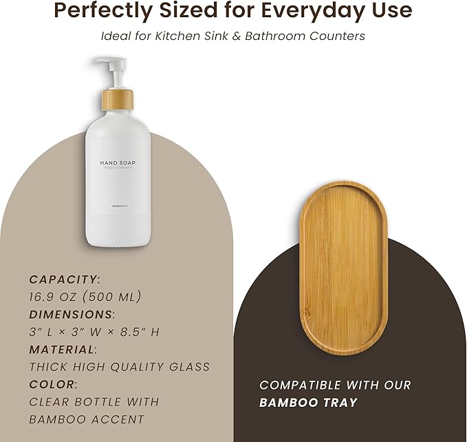MaisoNovo Glass Hand Soap Dispenser | Dish Soap Dispenser for Kitchen | 16.9oz White Bottles with White Bamboo Pump | Bathroom Lotion Dispenser