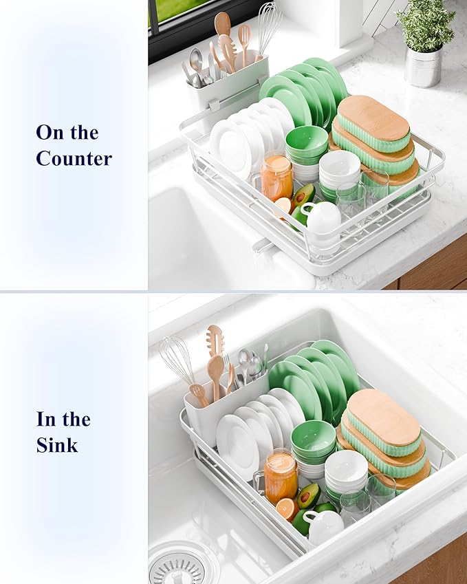 Kitsure Dish Drying Rack - Compact Dish Rack with Utensil Holder & Adjustable Water Outlet, Rust-Proof & Scratch-Resistant Drying Rack for Kitchen, 14.5" x 12.0" x 4.0", Sliver