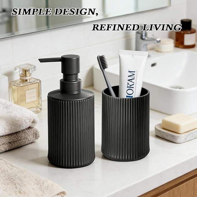 Bathroom Set Accessories, Black Soap Dispenser and Toothbrush Holder Complete 2 Piece Plastic Hand Dish Soap Counter Set for Modern Decor