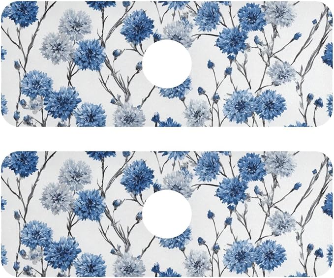 Kitchen Sink Splash Guard 2 PCS 14.7 Inch Sink Faucet Mat Splash Guard for Bathroom Countertop Water Absorbent Foldable Cuttable Soft Washable Chinese Style Cornflower