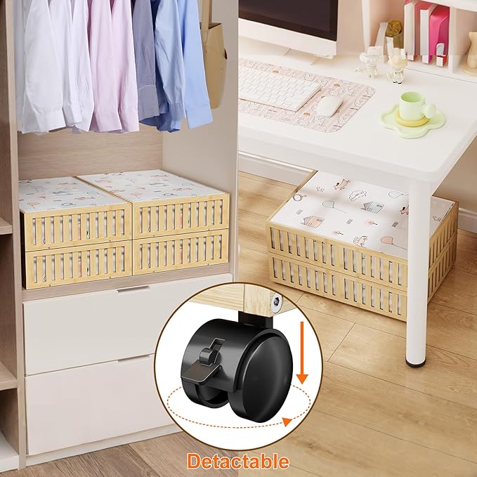 Bamboo Under Bed Storage Containers with Wheels, 40L UnderBed Drawers with Dust Bag, Breathable Under Bed Shoe Storage, Rolling UnderBed Clothes Storage, 1Pack