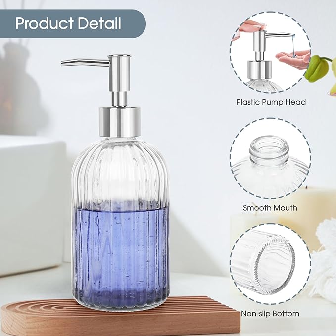 2 Pack Stripe Glass Soap Dispenser with Silver Plastic Pump, 400ml Liquid Hand Soap Dispenser, Rustproof Pump for Kitchen & Bathroom, Great for Lotions, Essential Oil, Liquid Soaps- (Transparent)